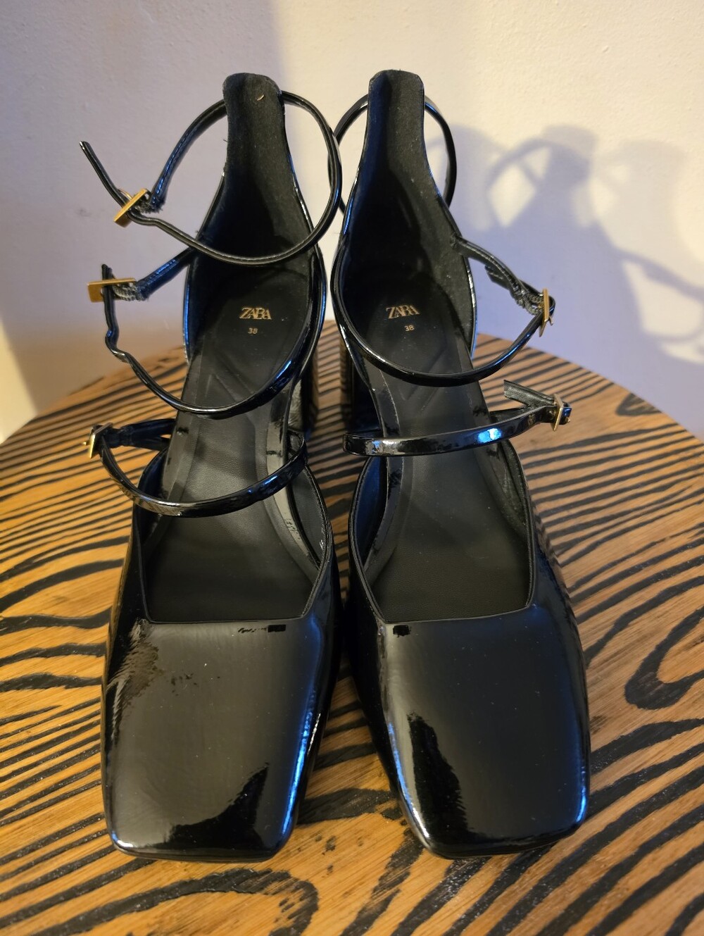 Zara Glossy Black Square-Toe Strappy Block Heels